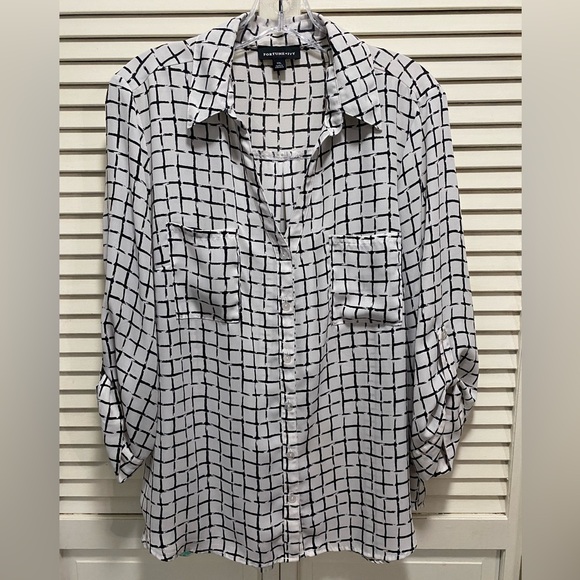 Fortune + Ivy Black/White Thatch Print 3/4 Sleeve Button Up Blouse‎ Size XXL - Picture 1 of 6